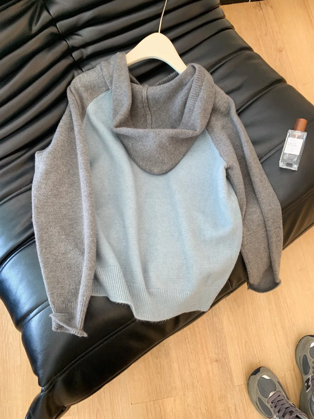 Серый синий контрастный цвет свитер с капюшоном и рисунком верхняя одежда