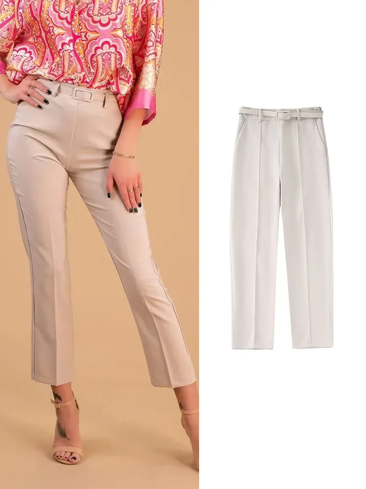 

TFMLN Women Fashion With Belt Front Pockets Office Wear Pants Vintage High Waist Zipper Fly Female Ankle Trousers Mujer