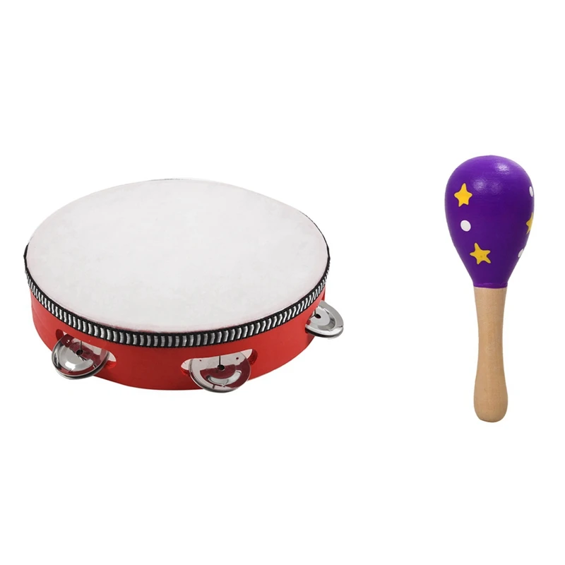 

A Wooden Maraca Musical Instrument Children's Toy & 8Inch Musical Tambourine Tamborine Drum Round Percussion Gift