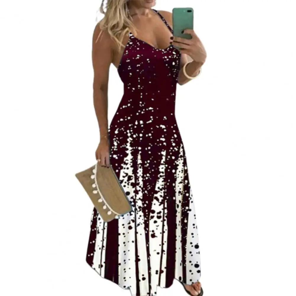 

Elegant Female Vestidos Fashion Casual Women V Neck Sling Dress Breathable Cool Dot Print Maxi Dress for Summer Sexy Party Dress