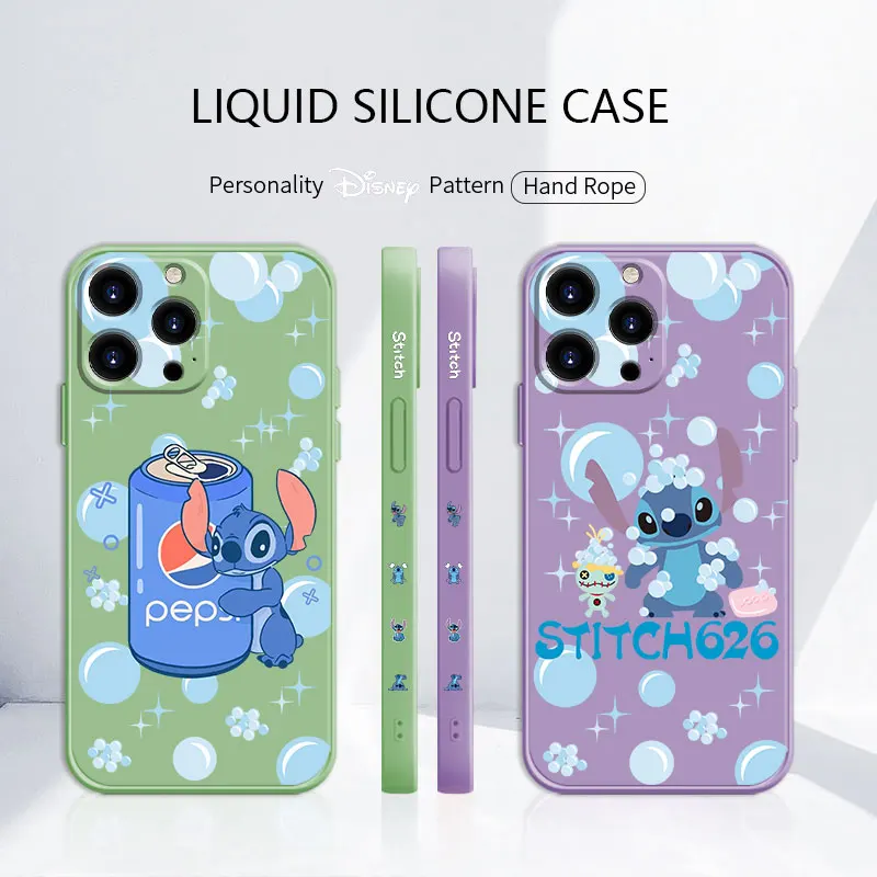 

Liquid Case for Apple iPhone 11 12 13 Pro Max XS 7 8 Plus SE 13pro i11 Silicone Phone Coque Edge Disney Stitch Sparkling