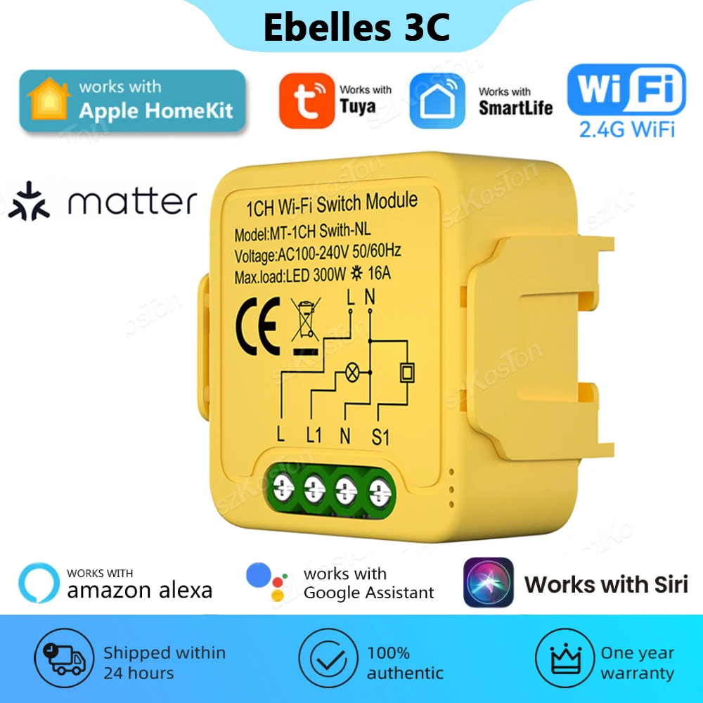 

Matter WiFi Smart Switch 16A Smart Home Relay Module Support Tuya Smart Life Works with Homekit Siri Smartthings Alexa Google
