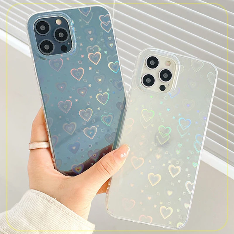 

Love Heart Transparent Phone Case For Iphone 14 11 13 12 Pro Max Laser Gradient Shockproof Soft Cover 13mini Colorful Shell