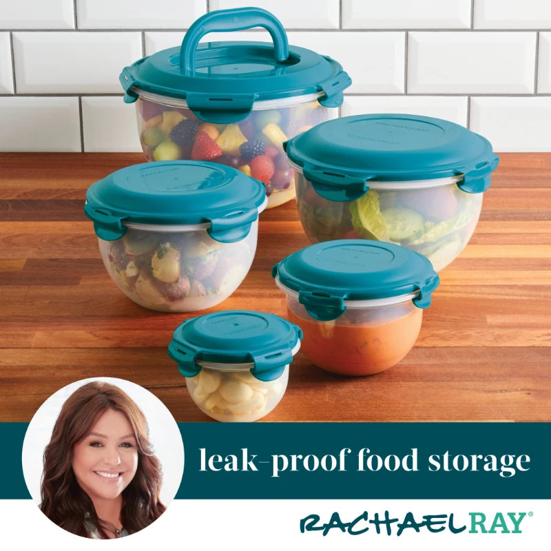 

Leak-Proof Nestable Round Food Storage Container Set, 10 Piece, Teal Lids