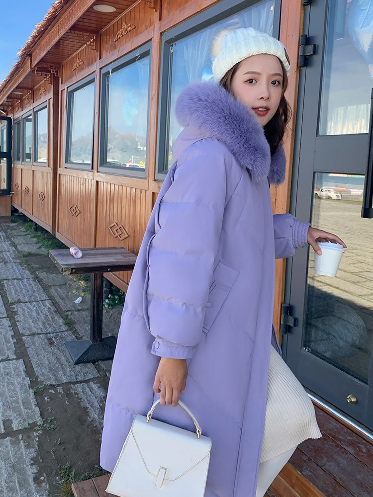 Korean Style Fashion Winter Long Parka For Women's Hooded With Fur Collar Warm Thicken Oversize Loose Coat Solid Jacket