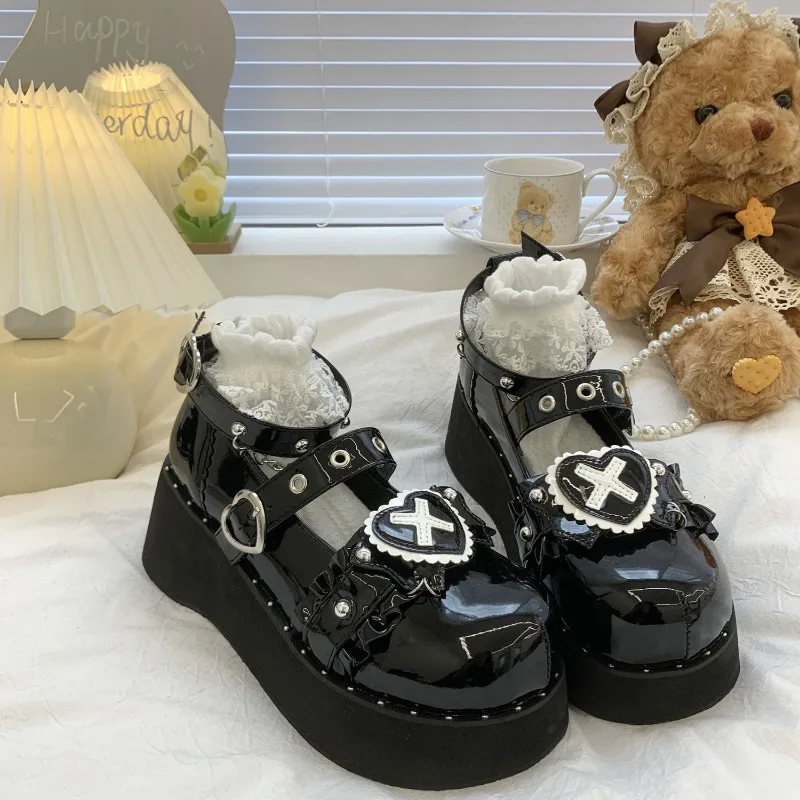 Женские Туфли Мэри Джейн В Стиле Лолиты Черные Лаковые Кожаные На Платформе