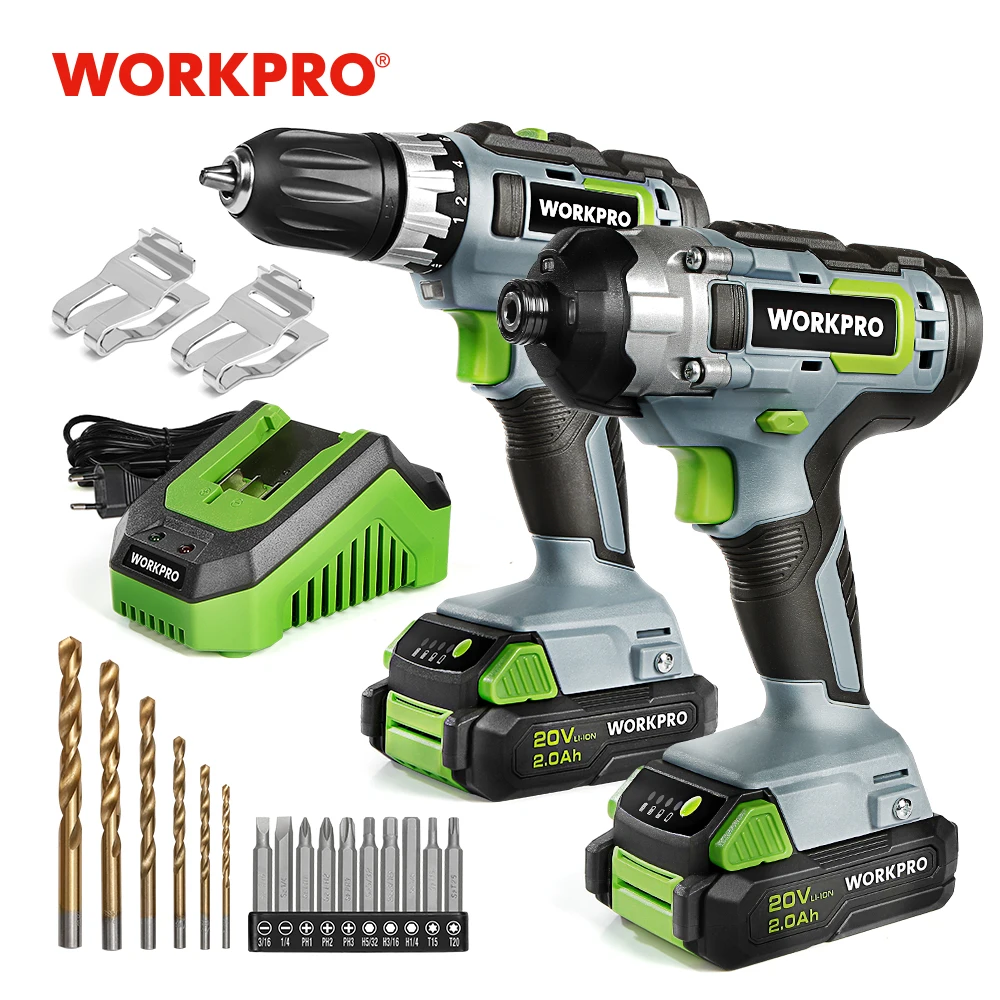 WORKPRO 21PC 20V Li-ion Cordless Compact Drill Driver Set and Impact Driver Set Including 2 Fast Charging Batteries Power Tool