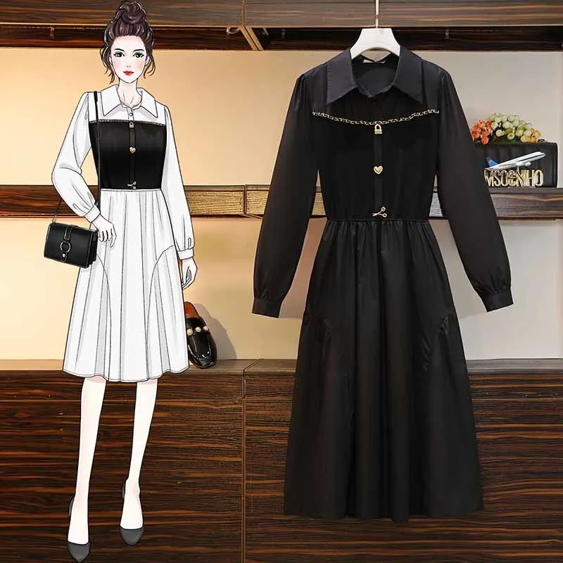 

Women Long Sleeve Patchwork High Waist A-line Dresses Office Ladies Elegant Turn Down Collar Dresses Spring Autumn 4XL