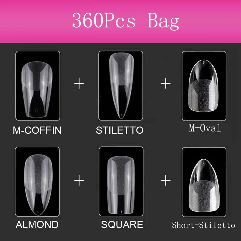 

360Pcs Fake Nails Gel X Press On Nail System Full Cover Almond Stiletto Coffin False Nails Quick Extension Art Tips