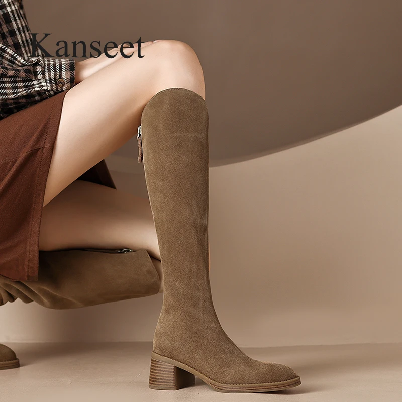 

Модные женские сапоги Kanseet до колена, осенне-зимняя обувь, новинка, с круглым носком, на молнии, ручная работа, элегантные облегающие Женские длинные сапоги на высоком каблуке