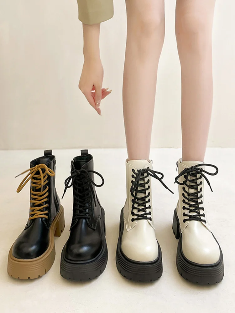 

Женские ботинки с круглым носком, осенне-зимние ботильоны из искусственной кожи на молнии, со шнуровкой, на среднем каблуке, 2022