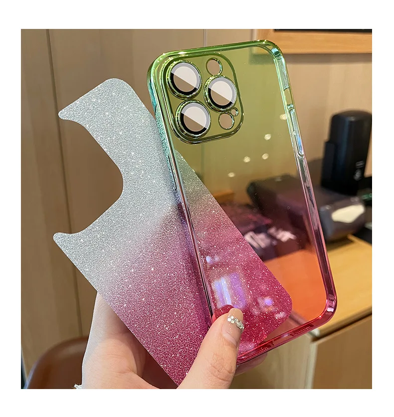 

30PCS Stylish Bling Plated Gradient Glitter Phone Shell For iPhone 15 14 12 Pro Max Case Transprent PC Hard Cover With Lens Film