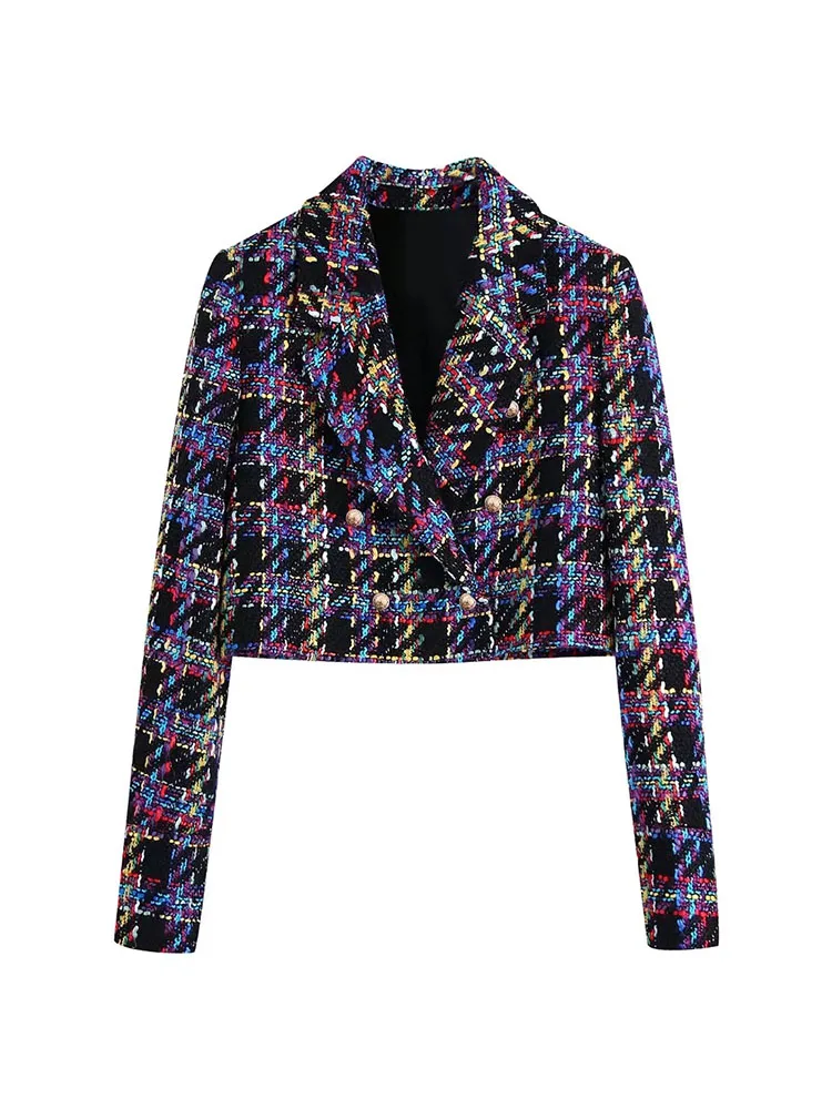 

Женский двубортный Блейзер, винтажный яркий клетчатый укороченный двубортный Блейзер, пальто в клетку, женская верхняя одежда, шикарные ве...