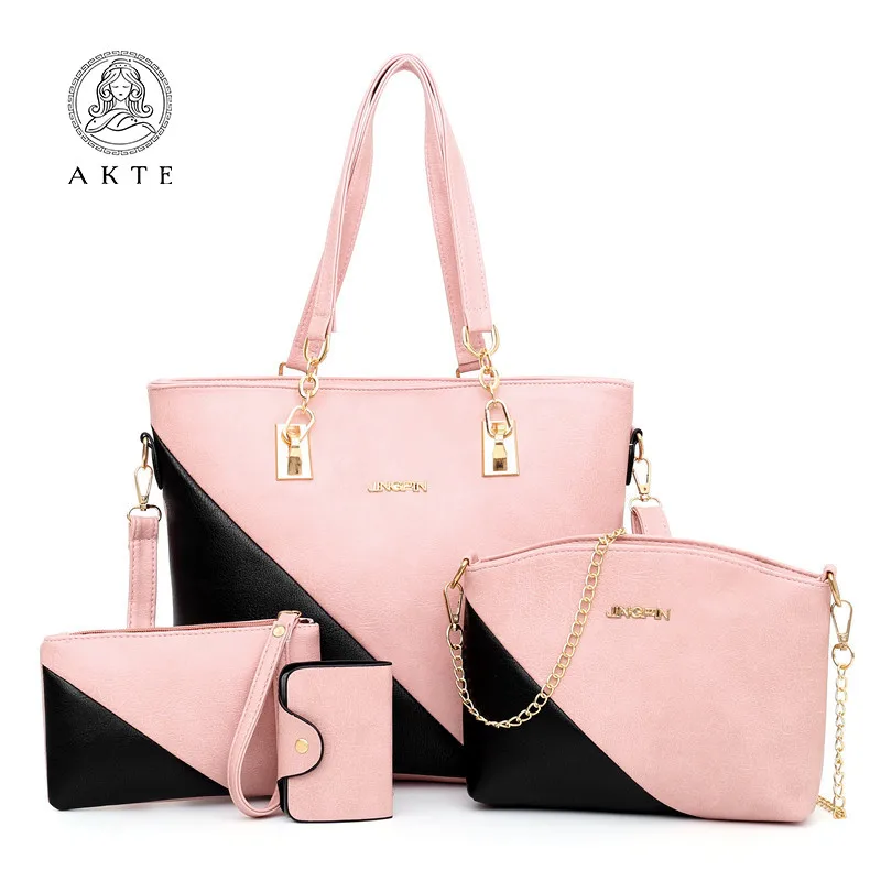 AKTE 4 PCS Sets New Fashion Color Women Composite Bags Women's Crossbody Bags Single Shoulder 2 Color Patch Purses and Handbags