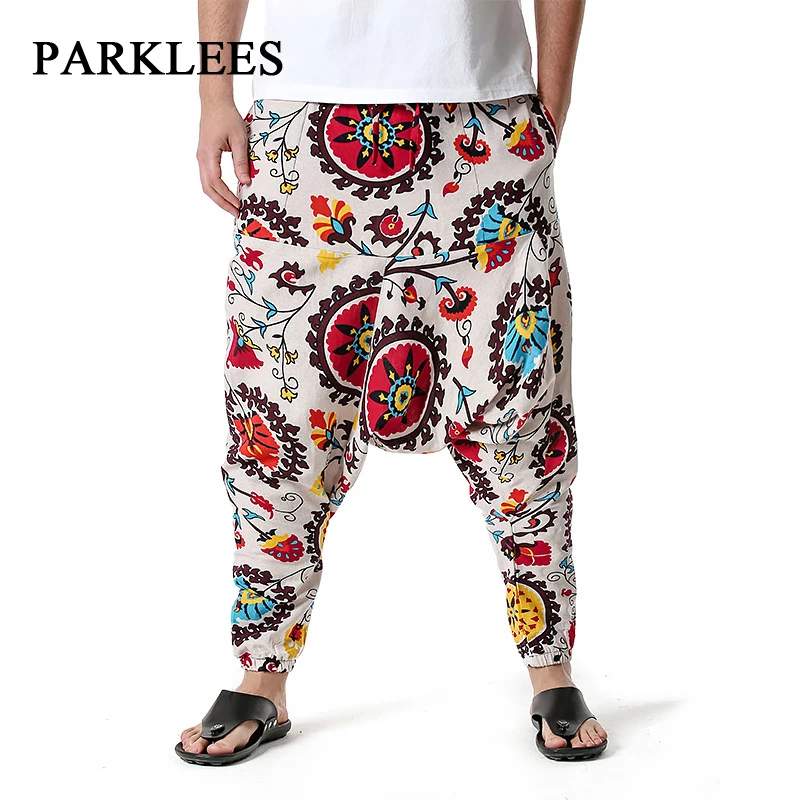 

Parklees Mens Baggy Hippie Harem Pants Summer Casual Sports Cotton Drop Crotch Pants Hip Hop Genie Boho Floral Print Sweatpants