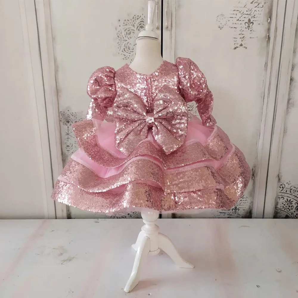 

Pink 2023 Flower Girl Dresses A-Line Above Knee Short Sleeve Communion Gown With Bow Back Sequined O Neck Cute Princess Gowns