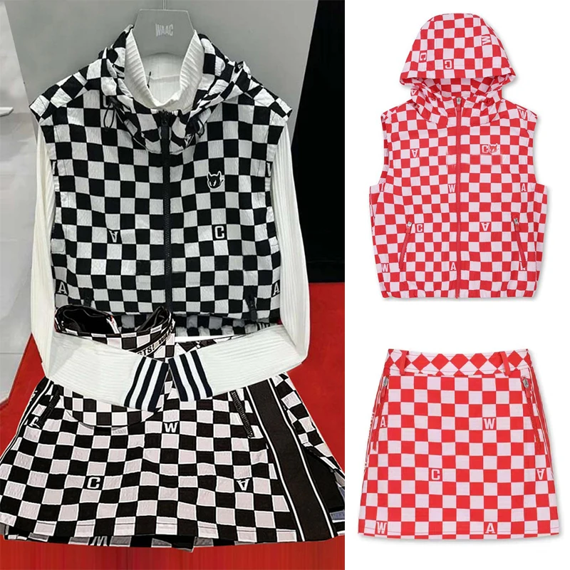 

Korean Golf Apparel Women's Colorway Versatile Checker Set Hooded Zipper Vest A-shaped Anti Glare Short Skirt