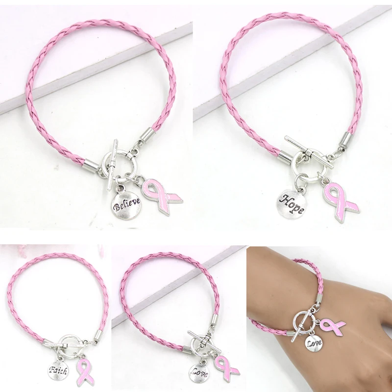 

New Arrival Awareness Jewelry PU Pink Leather Rope With Pink Ribbon Faith Hope Breast Cancer Bracelets Bangles For Women Pulsera