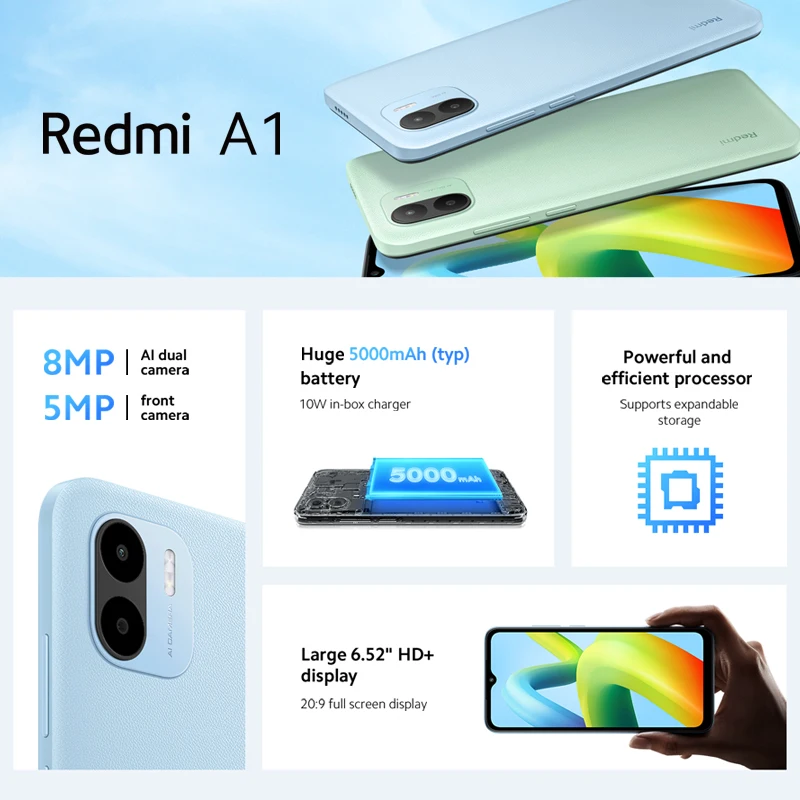 Xiaomi Redmi A1 Global Version 2GB 32GB Helio A22 Quad-Core Smartphone 8MP Dual Camera Cellphone 5000mAh Battery Android 12
