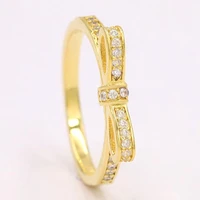 authentic 925 sterling silver sparkling golden bow with crystal ring for women wedding party europe pandora jewelry