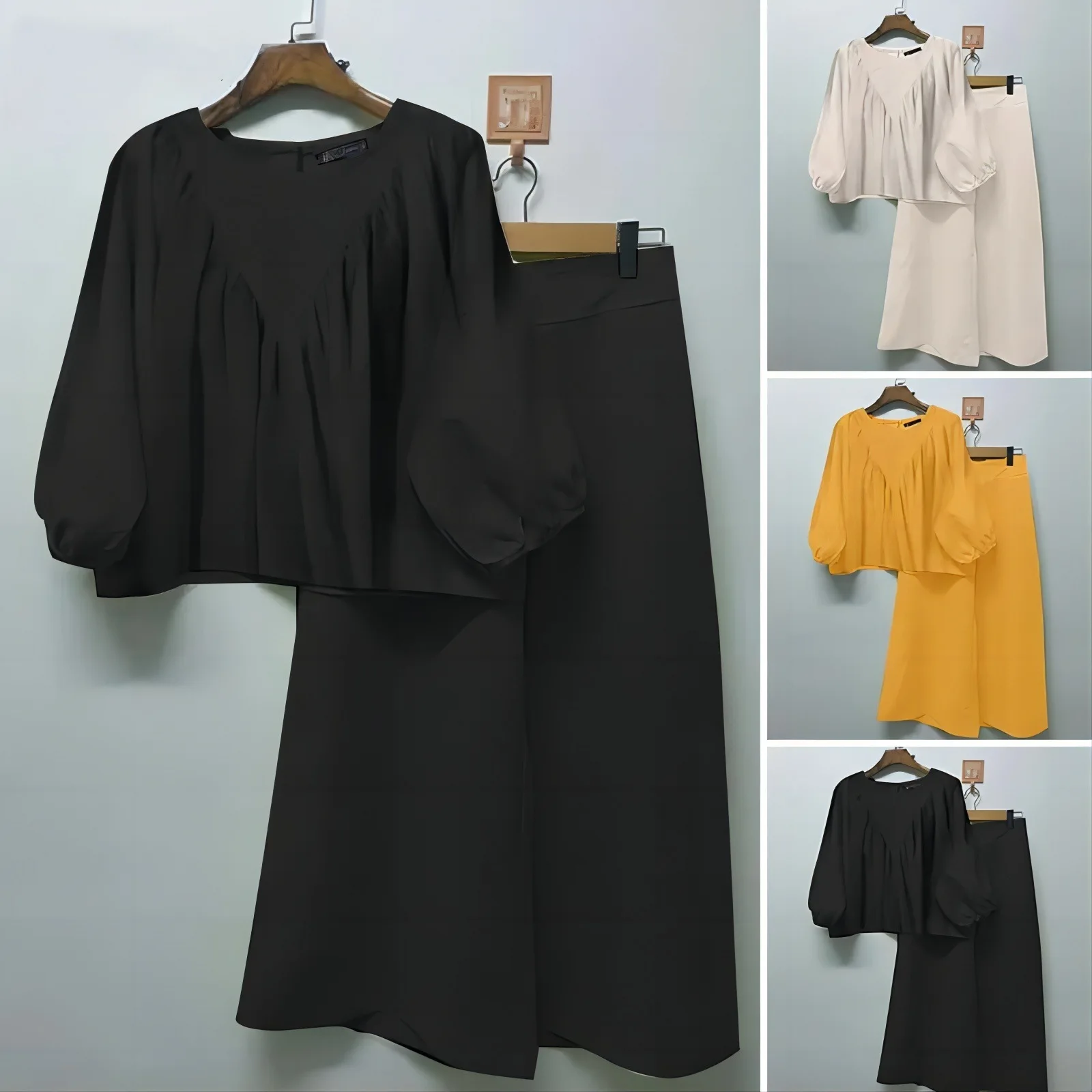 Рубашка с рукавом-фонариком и широкие брюки женские модные однотонные рубашки