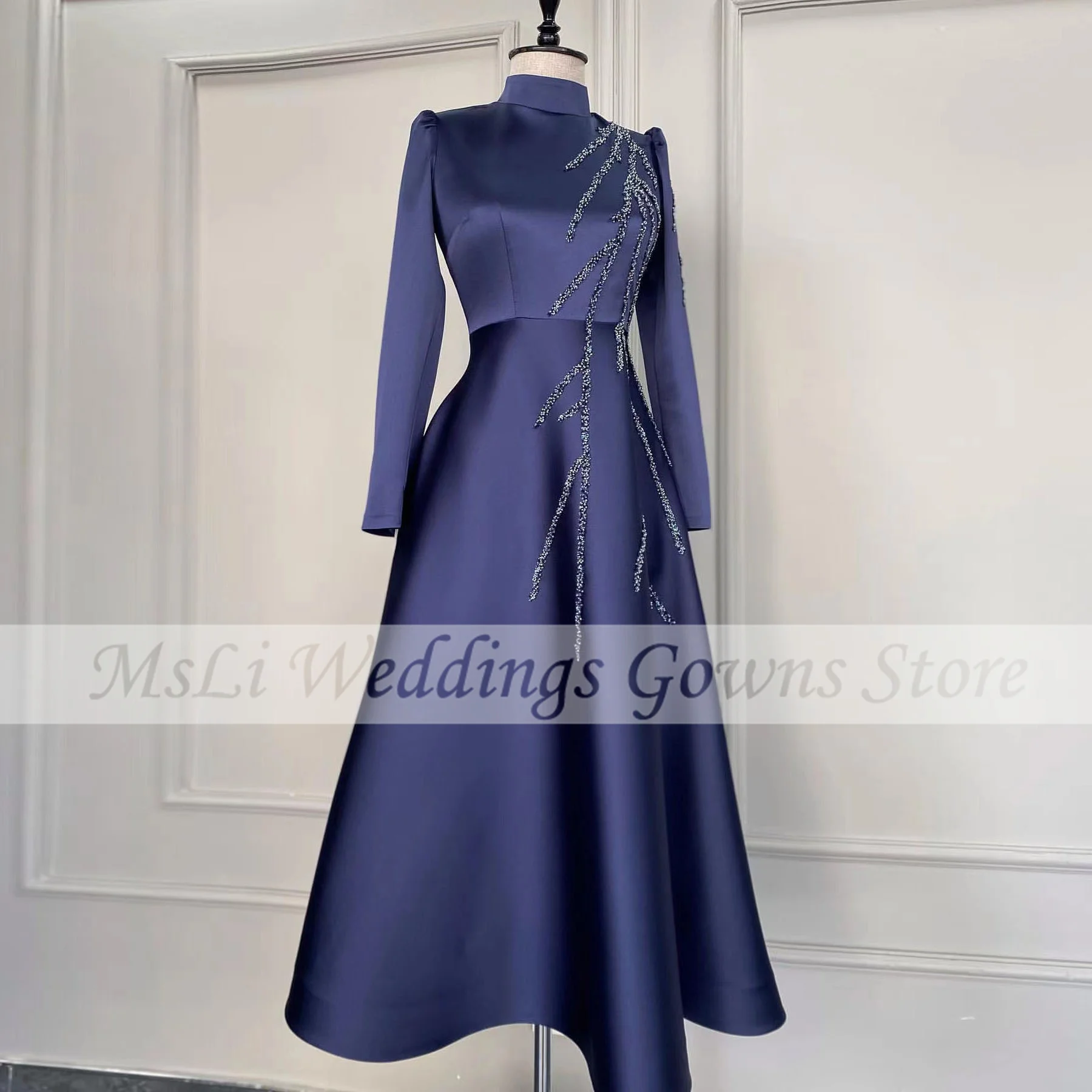 

Темно-Синие атласные элегантные мусульманские Вечерние платья марокканский кафтан с высоким воротником с длинным рукавом официальное пла...