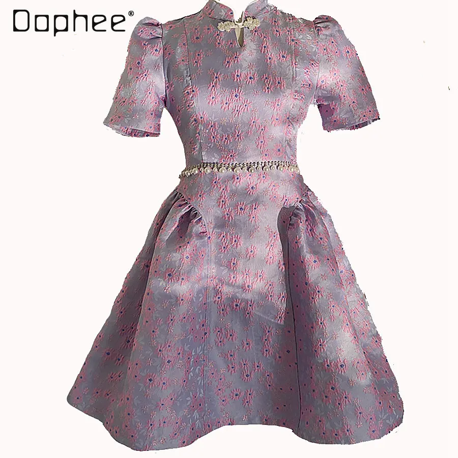 

Chinese Style Buckle Hollow Beading Diamond-Embedded Purple Short Dress Jacquard Slimming Improved Cheongsam Dresses for Summer