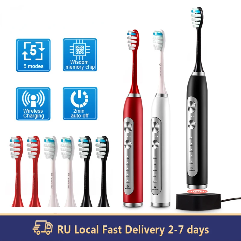 

Ultrasonic Electric Toothbrush Wireless Charging for Adult IPX7 Waterproof Replacement Heads Whitening Teeth Timer Smart Brush