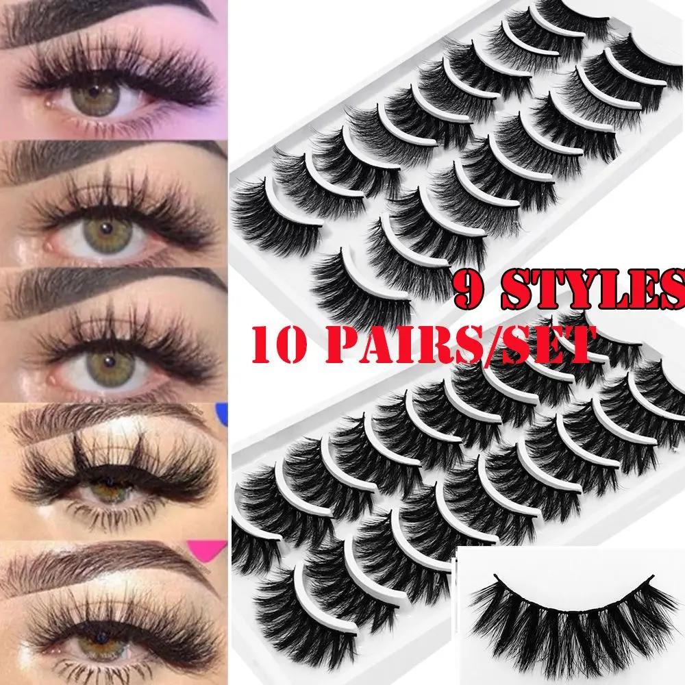 

SKONHED 10 Pairs 3D Mink Hair False Eyelashes Natural Wispies Eyelashes Extension Handmade Soft Hair Fluffies Eye Makeup Tools