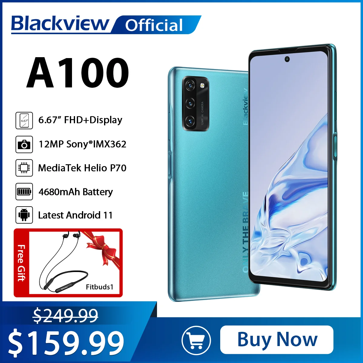 Tanie Blackview A100 Helio P70 Android 11 Smartphone 6GB + 128GB 6.67