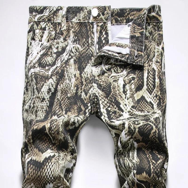 Men's Snakeskin Slim Fit Hip Hop Cool Print Snake Pattern Night Singer Performance Jeans