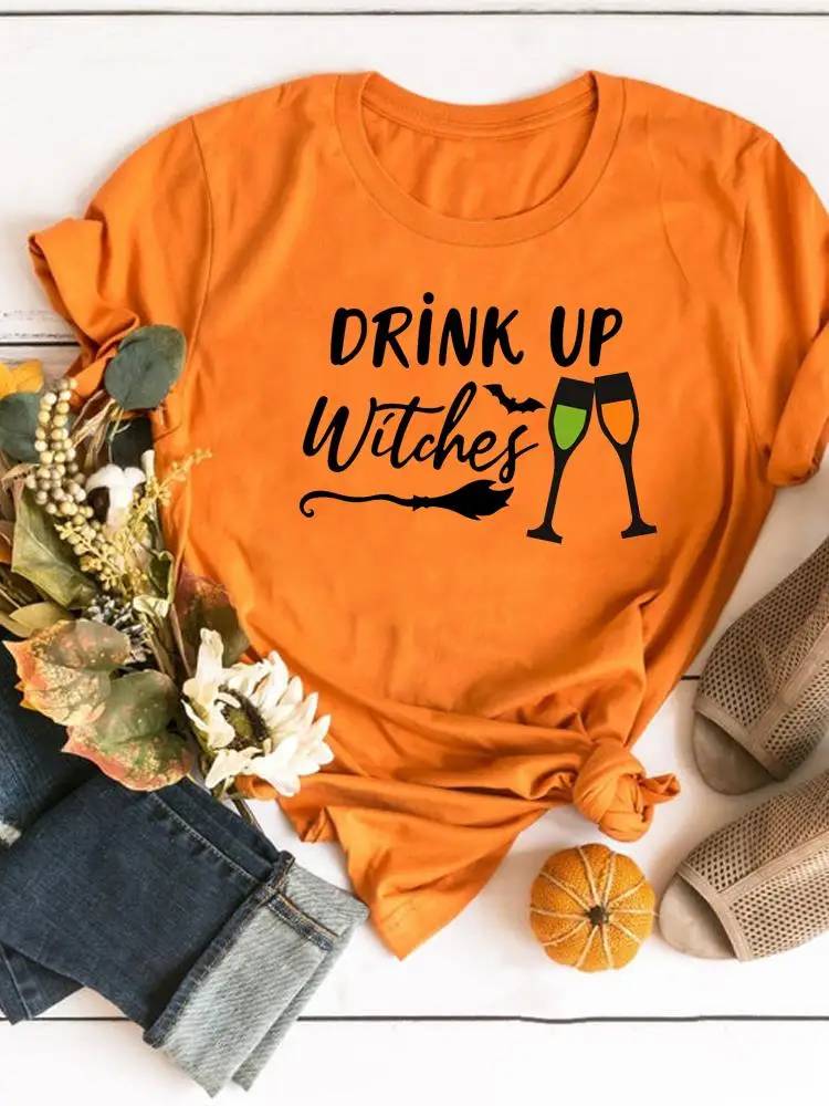 

Fall Autumn Halloween T-shirts Women Tee Print Shirt Letter Wine Cute Sweet 90s Female Graphic T Top T-Shirt Fashion Clothing