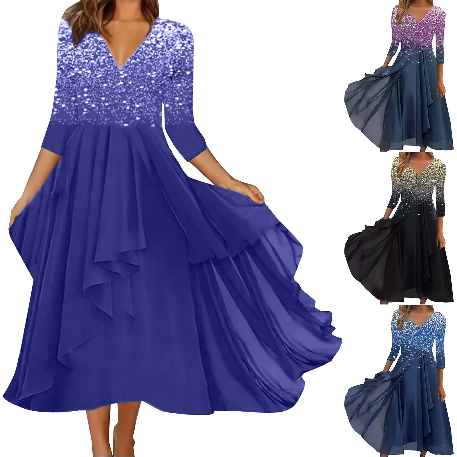 

Women'S Long Sleeved Casual Fashion Chiffon Stitching Elegant Dresses Midi Dress with Sleeves