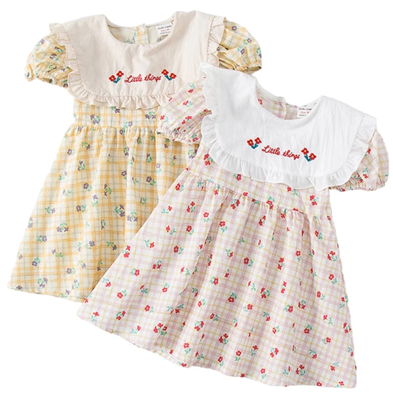 

New Children Girl Embroidered Dress Lapel Plaid Printed Baby Girl Short-Sleeved Summer Princess Dress