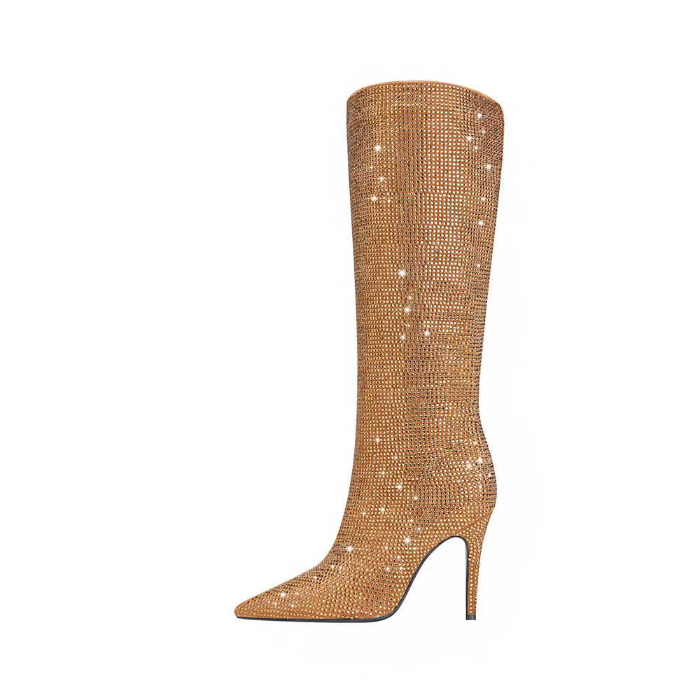 

2023 Autumn/Winter New Women's High Stiletto Heel Pointed Toe Fashion Knee high Boots Catwalk shows With Diamond/Rhinestone