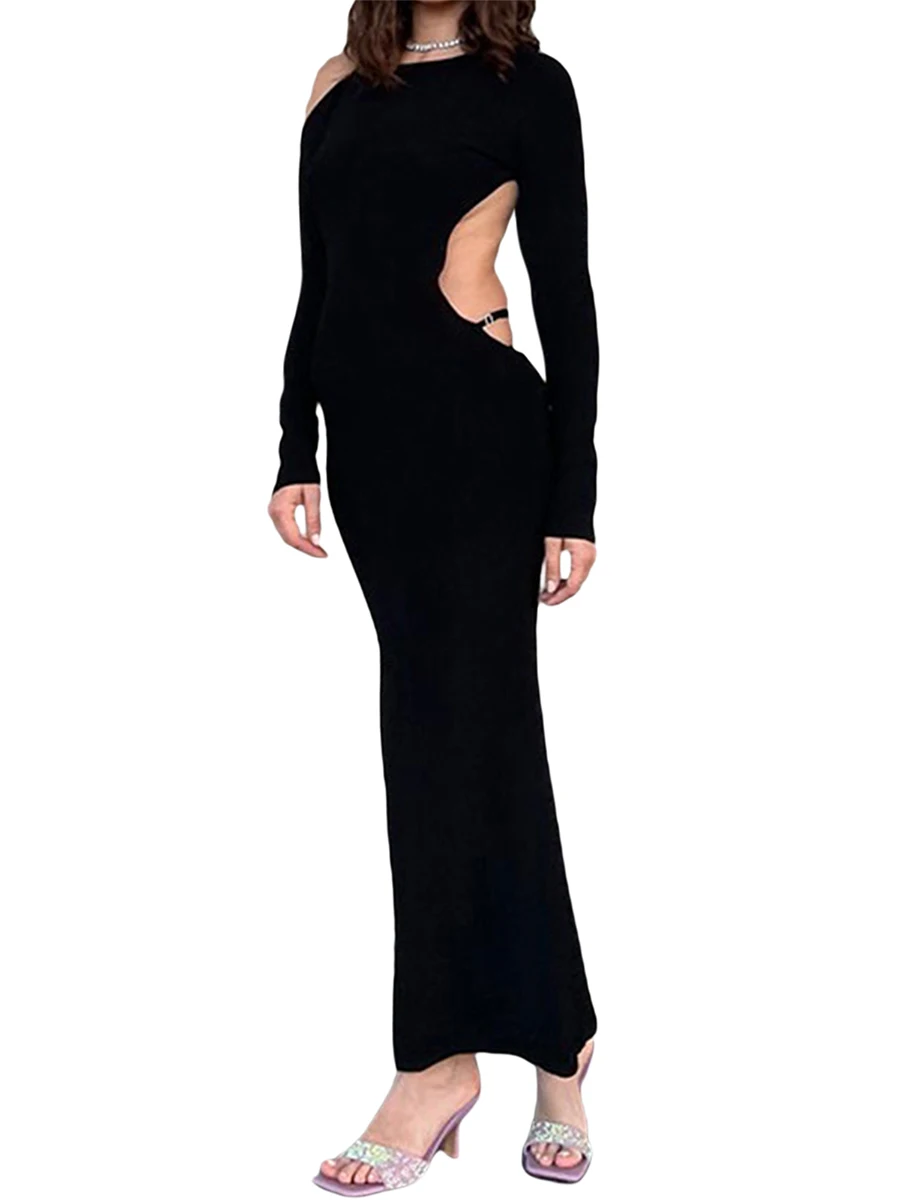 

Женское однотонное длинное платье с круглым вырезом, открытой спиной и разрезом на подоле