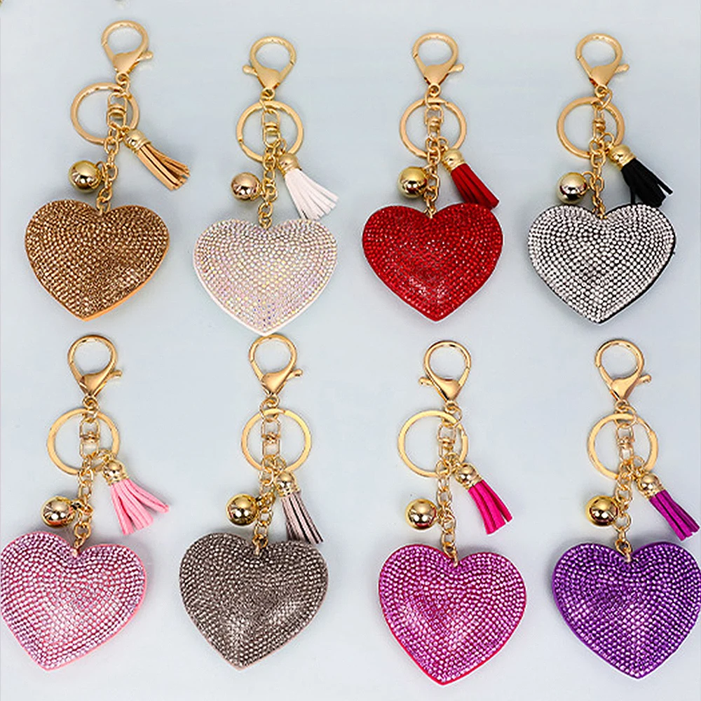Luxury Bling Rhinestone Heart Shape Keychains Women Girls Leather Keyring With Tassel For Purse Charms Backpack Accessories images - 6
