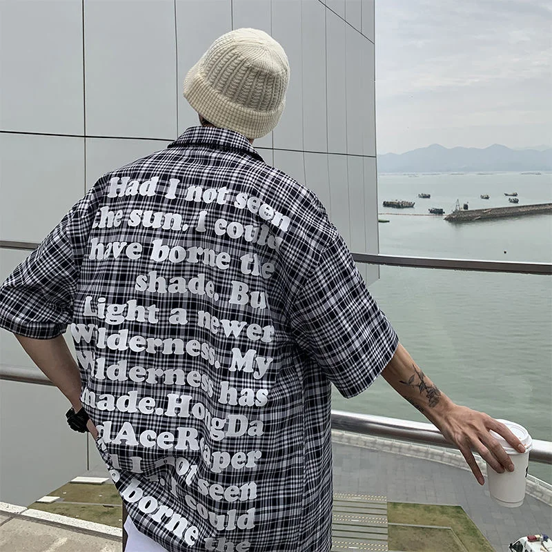 

NoEstaMal Streetwear Letter Printed Plaid Men Shirts Harajuku Printed Men Women Blouses All-match Short Sleeve Cardigan Male Top