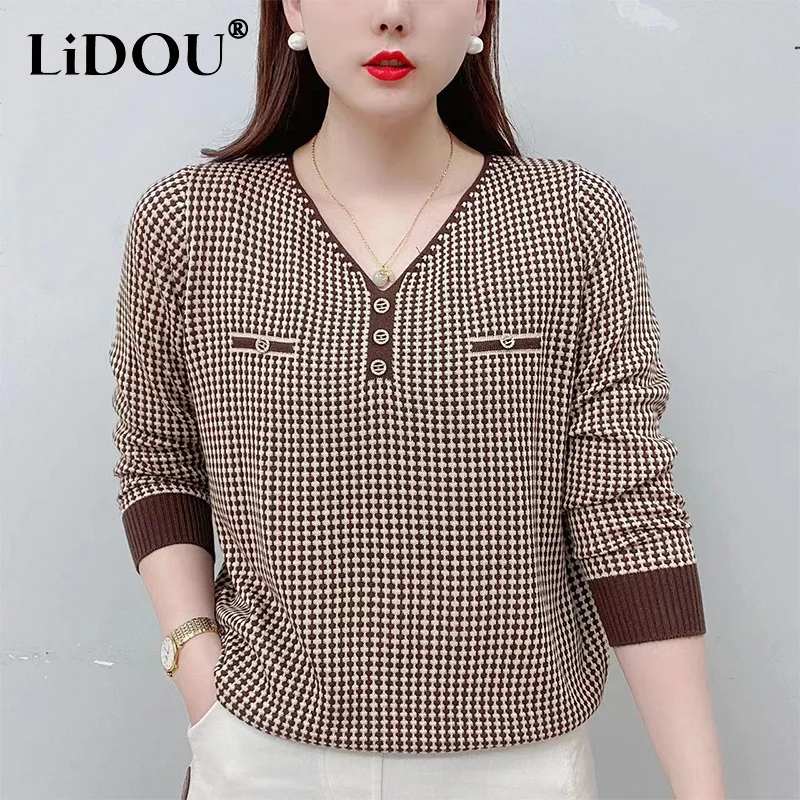 Autumn Winter Oversized V-neck Vintage Houndstooth Loose Casual T-shirt Female Long Sleeve Wild Pullover Top Women Bottomed Tee