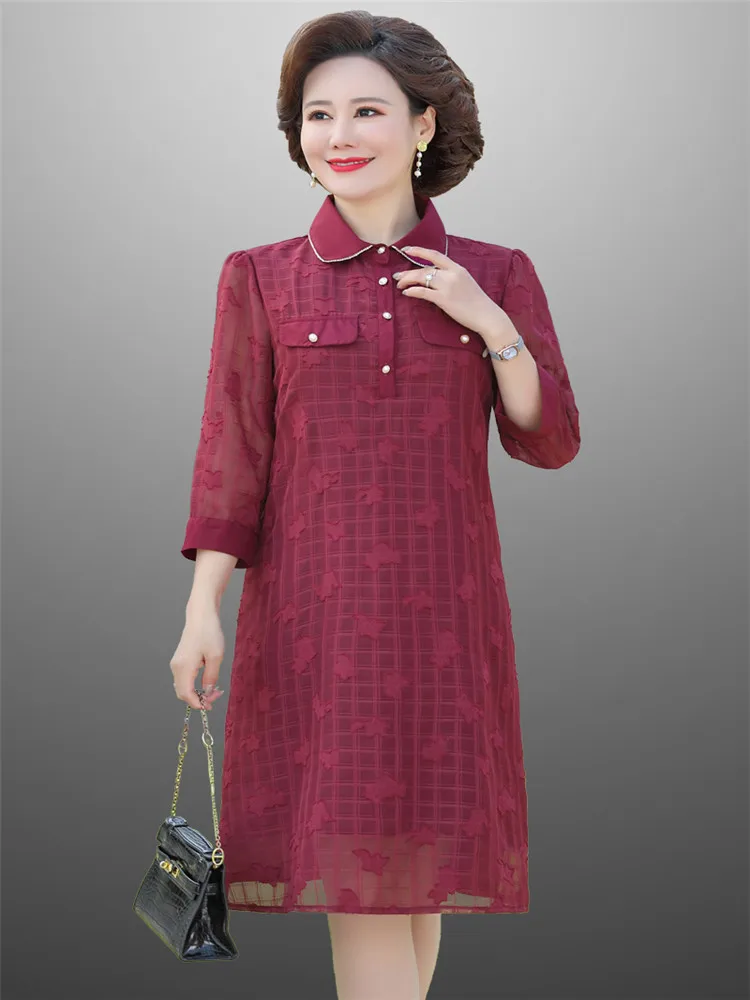 

Lspring and summer Loose chiffon jacquard Dress Women Vintage Half Sleeve Mom Dress Casual Turn-down Collar Dress