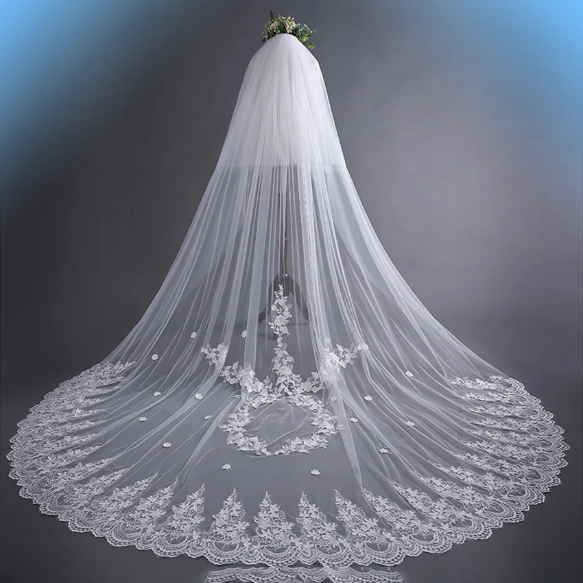 

Two Tiers Glitter Appliqued Lace Long Wedding Veil 3 Meters Boda Snow White Ivory Bridal Veil Wedding Headpieces Velo De Novia