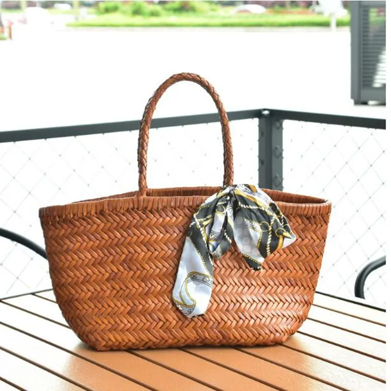Vintage Shopping Bag First layer cowhide woven bag Genuine Leather Woven casual vegetable basket bag +Casual Woven Inside Bag