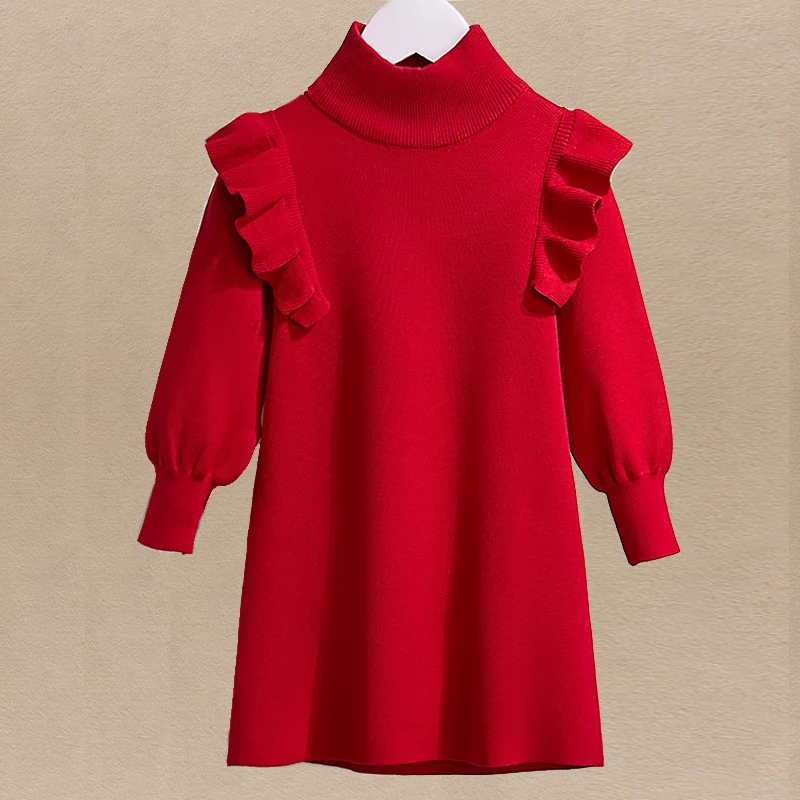 

Baby Girls Winter Sweaters Dresses for Kids Clothes Warm Party Costumes Ruffle Children Turtleneck Christmas Gifts 8 10 12 Years