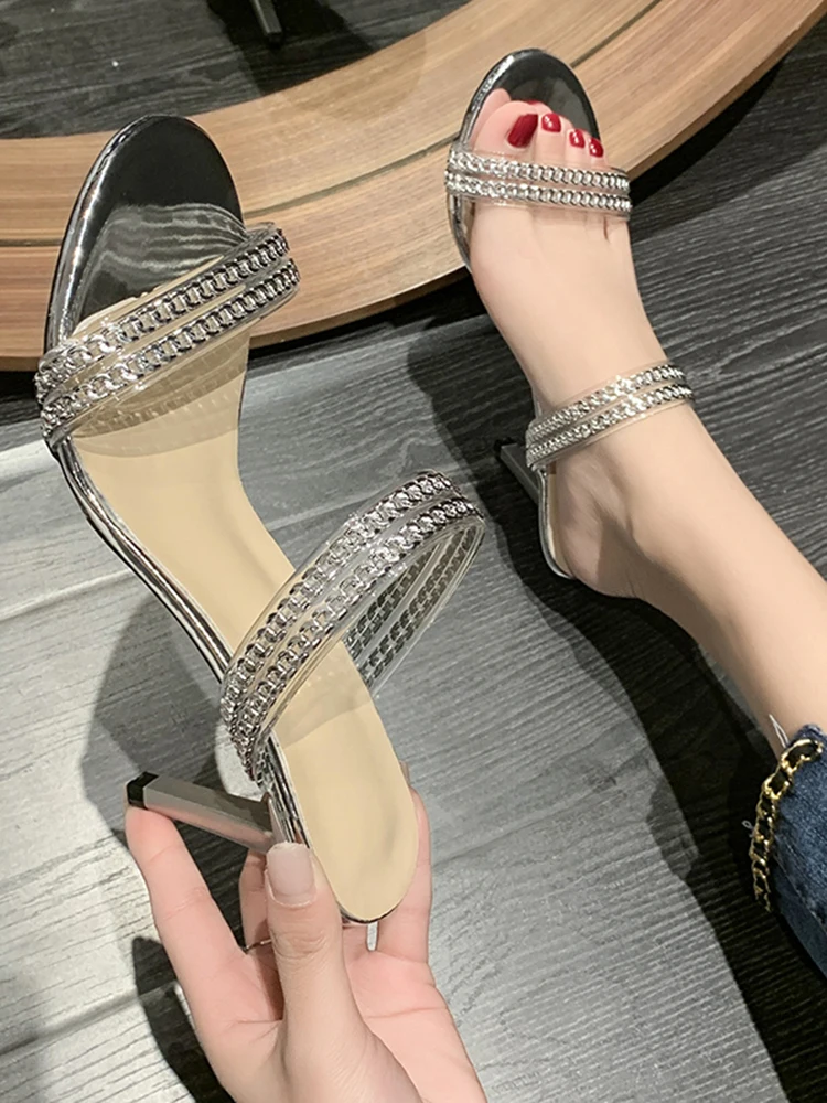 

Женские прозрачные шлепанцы на каблуке, шлепанцы из искусственной кожи, на высоком тонком каблуке, с цепочкой, пикантные сланцы, 2022
