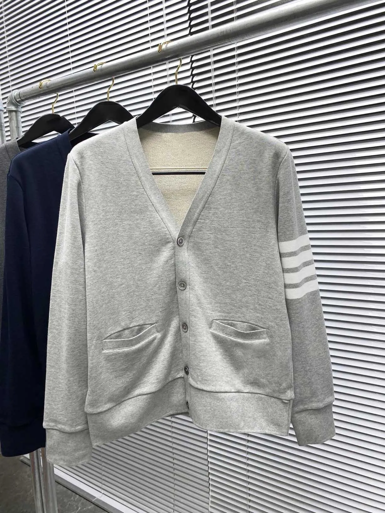 TB THOM Men's Sweatshirt Korean Fashion Brand Coats White 4-bar Stripes V-Neck Cardigan Sweatshirts Casual Streetwear Sweaters
