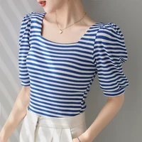 striped short sleeved t shirt women summer 2022 new slim square neck puff sleeve top plus size d1841