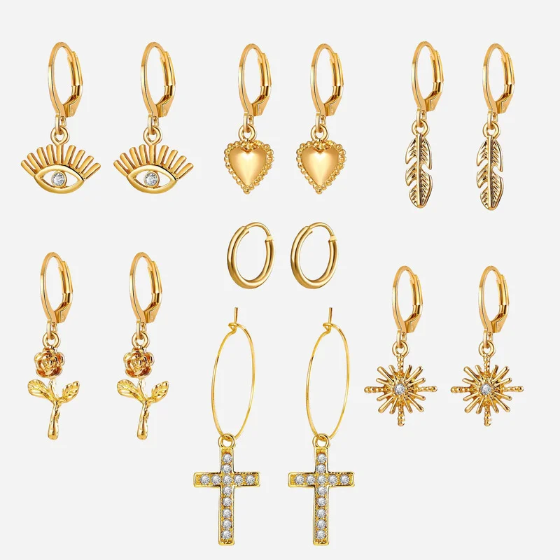 

New Fashion Exquisite Creative Retro Simple Rose Star Cross Heart Earring Set 7 Pairs Party Festive High Quality Jewelry Gift