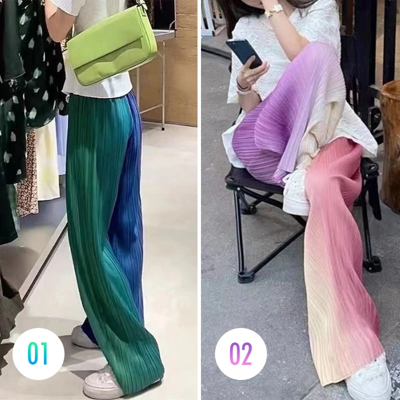 Two-color Gradient Wide Pants 2023 Spring Summer Ice Silk Pleated Elastic High Waist Loose Drape Straight Pants Women Trousers