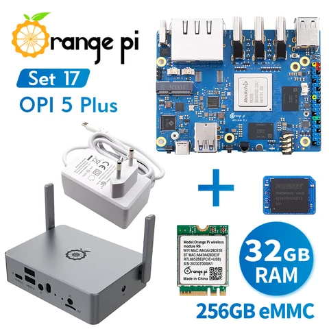 Мини-ПК Orange Pi 5 Plus 32 ГБ + 256 ГБ EMMC модуль + Wi-Fi модуль R6 + металлическая искусственная кожа + источник питания 5 в 4A Type-C, DDR4 RK3588 оранжевый Pi5 Plus