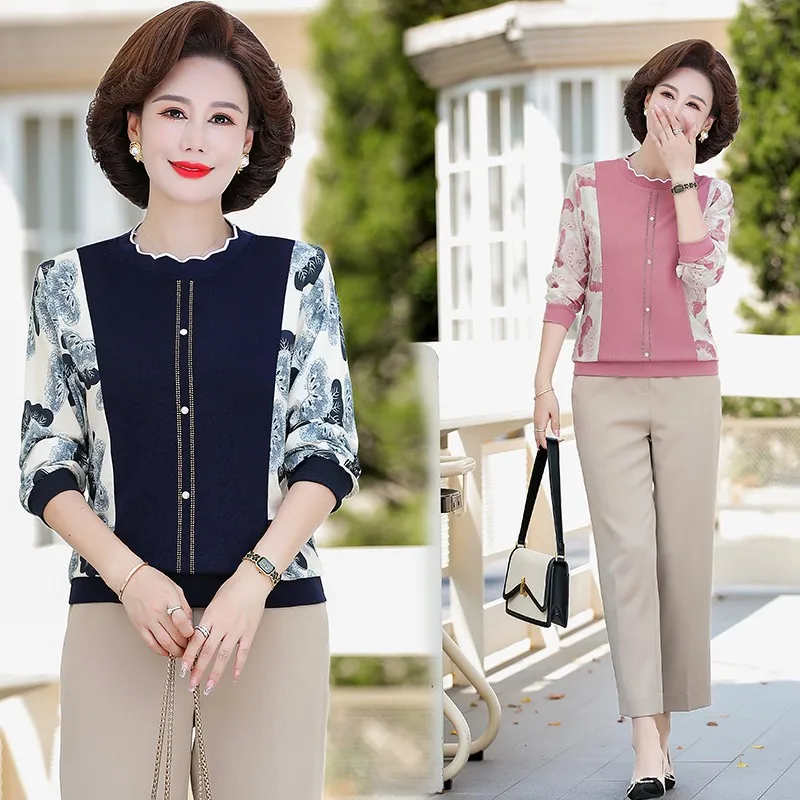 

2023 Autumn New Button Spliced Fashion Pullovers Tops Women's Clothing Casual Loose O-Neck Printed Long Sleeve T-shirt Female